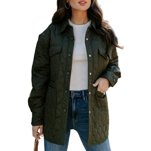 Chase Secret Womens Quilted Jacket Winter Long Sleeve Flap Pocket Button Front Puffer Jacket Coat