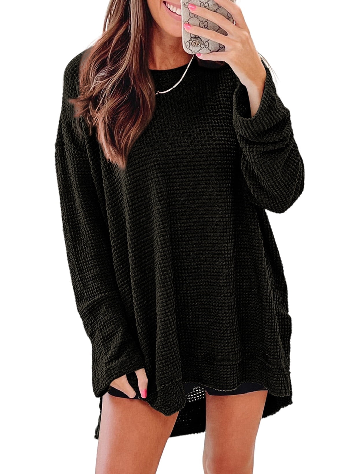Chase Secret Women Crewneck Tops Waffle Knit Long Sleeve Shirts 
