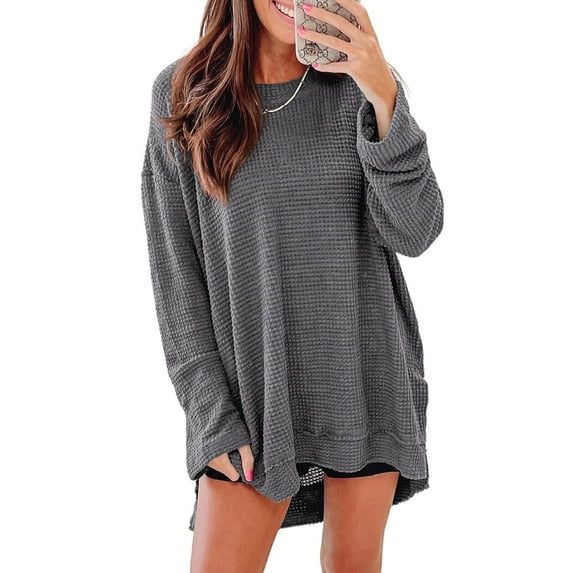 Chase Secret Women Crewneck Tops Waffle Knit Long Sleeve Shirts Casual Loose Solid Color Tunic Tops Lightweight Pullover