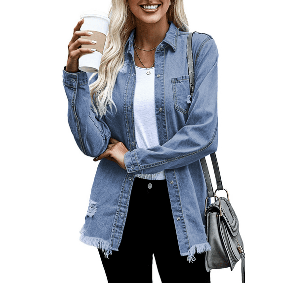 Chase Secret Women Denim Jacket Casual Long Boyfriend Distresse Jean Jacket Petite