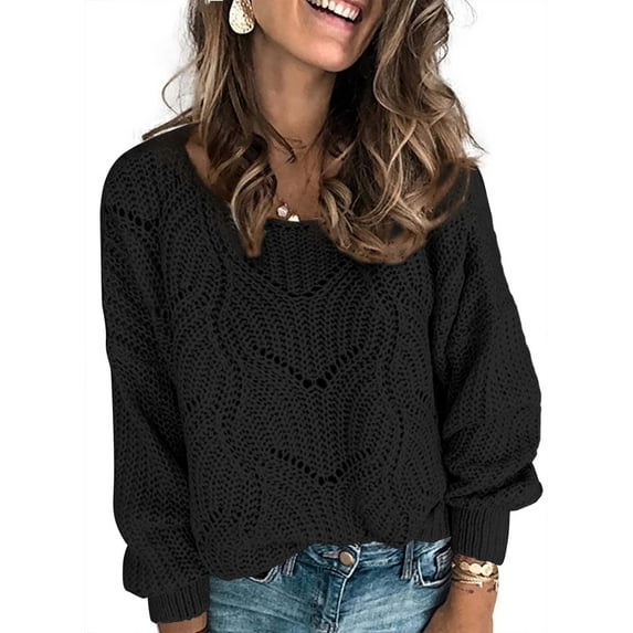 SHEWIN Women Hollow Out Knit Pullover Sweaters Crewneck Long Sleeve Sweater Petite