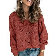 SHEWIN Women Hollow Out Knit Pullover Sweaters Crewneck Long Sleeve Green Sweater Petite