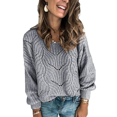 SHEWIN Women Hollow Out Knit Pullover Sweaters Crewneck Long Sleeve Green Sweater Petite