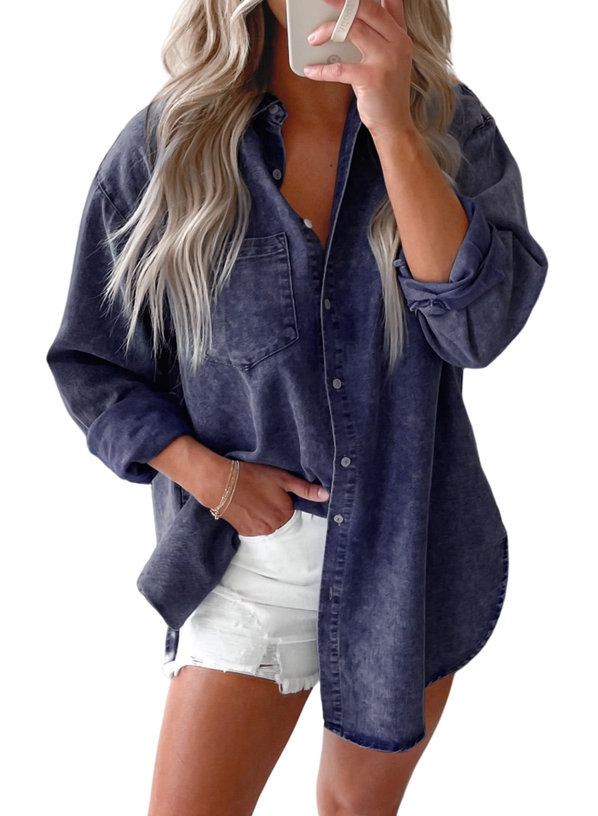 Chase Secret Women's Casual Button Down Denim Shirt Long Sleeve Lapel