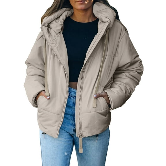 SHEWIN Hooded Puffer Jacket for Women with Full Zipper Drawstring Winter Cropped Coat with Pockets Petite