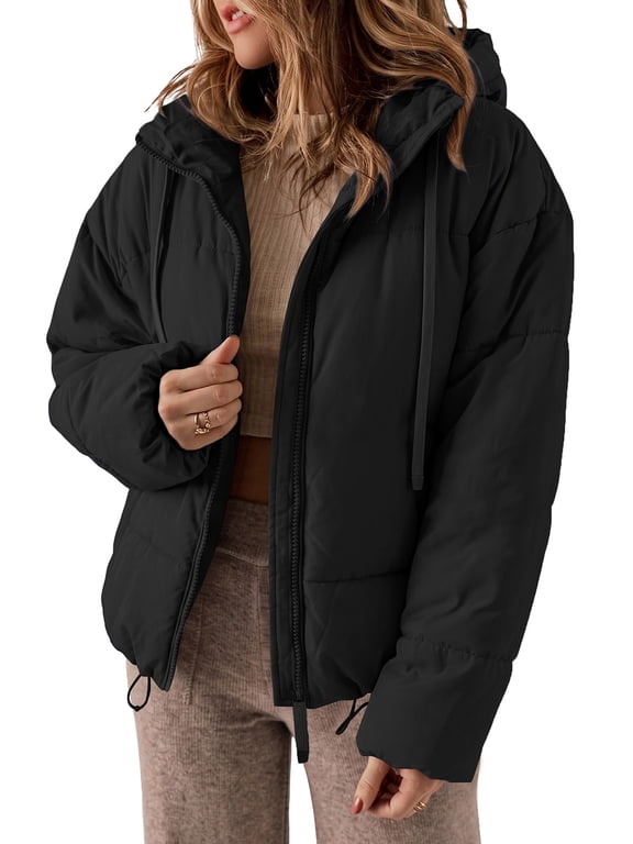 Full Zipper Puffer Jacket for Women Cropped Hooded Puffer Coat Winter Warm with Pockets Petite