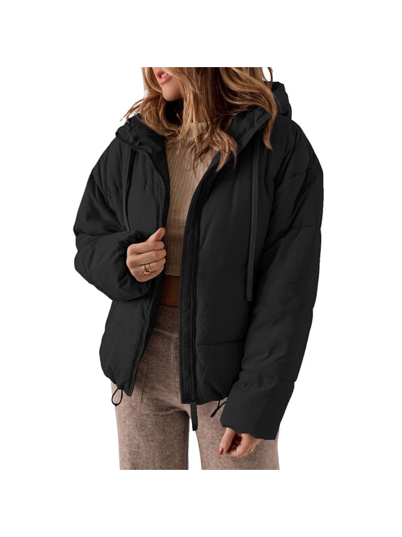 Full Zipper Puffer Jacket for Women Cropped Hooded Puffer Coat Winter Warm with Pockets Petite