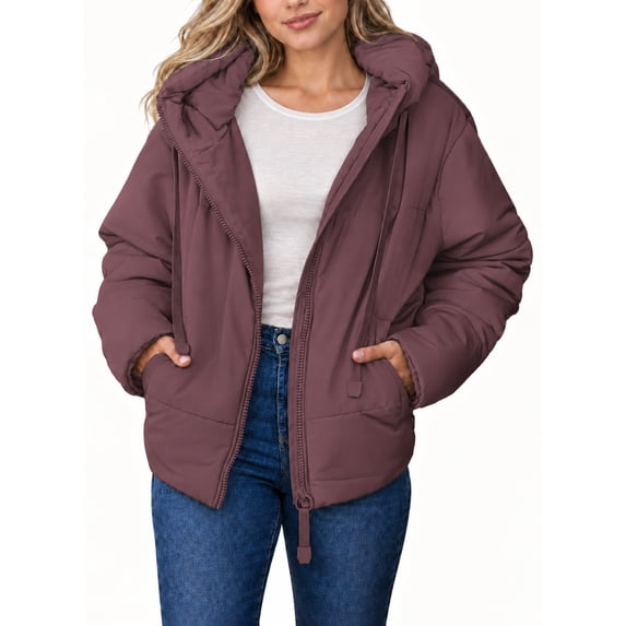 SHEWIN Full Zipper Puffer Jacket for Women Cropped Hooded Puffer Coat Winter Warm with Pockets Petite