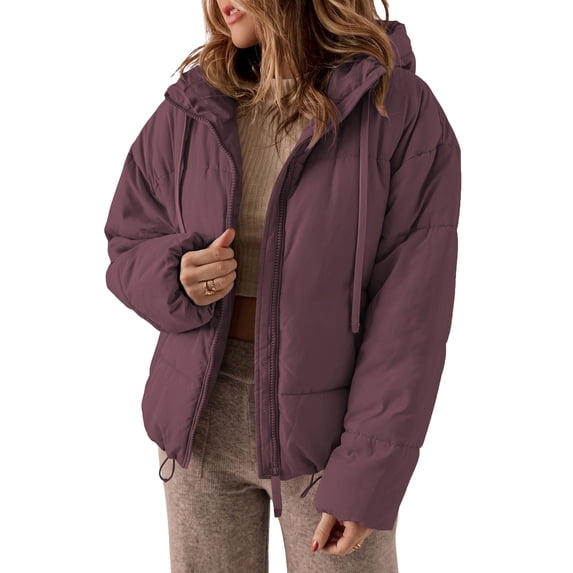 SHEWIN Full Zipper Puffer Jacket for Women Cropped Hooded Puffer Coat Winter Warm with Pockets Petite