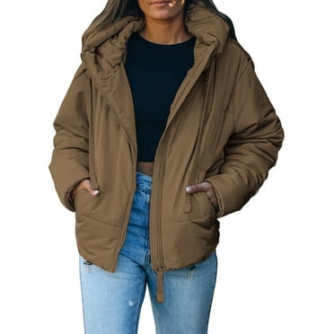SHEWIN Women's Full Zipper Hooded Puffer Jacket Short Coat with Pockets Petite