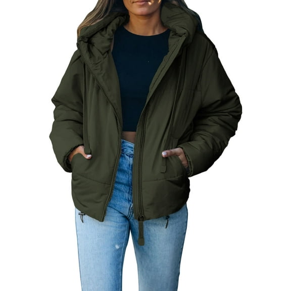SHEWIN Full Zipper Puffer Jacket for Women Cropped Hooded Puffer Coat Winter Warm with Pockets Petite