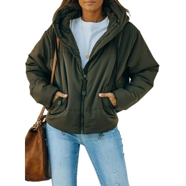 SHEWIN Women's Full Zipper Hooded Puffer Jacket Short Coat with Pockets Plus Size