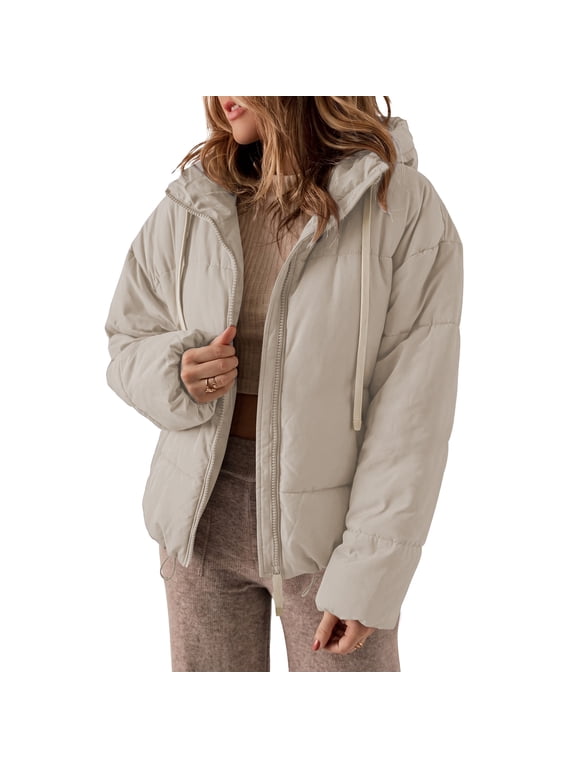 Womens Puffer Jacket Winter Warm Drawstring Hooded Cropped Coat with Pockets Plus Size Petite