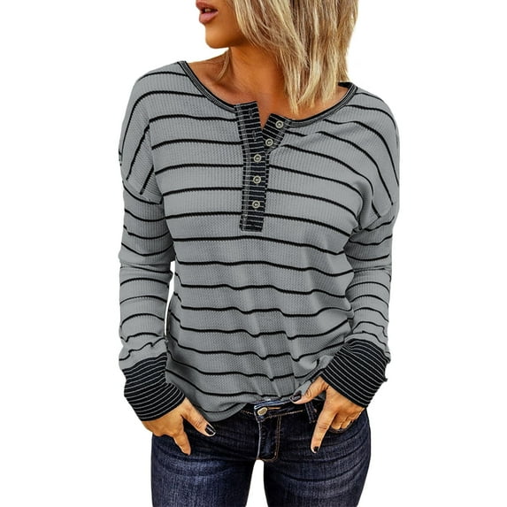 Chase Secret Tops for Women Long Sleeve Striped Button Up Tunic Shirts Loose Fit Sexy Henley Tee Blouses