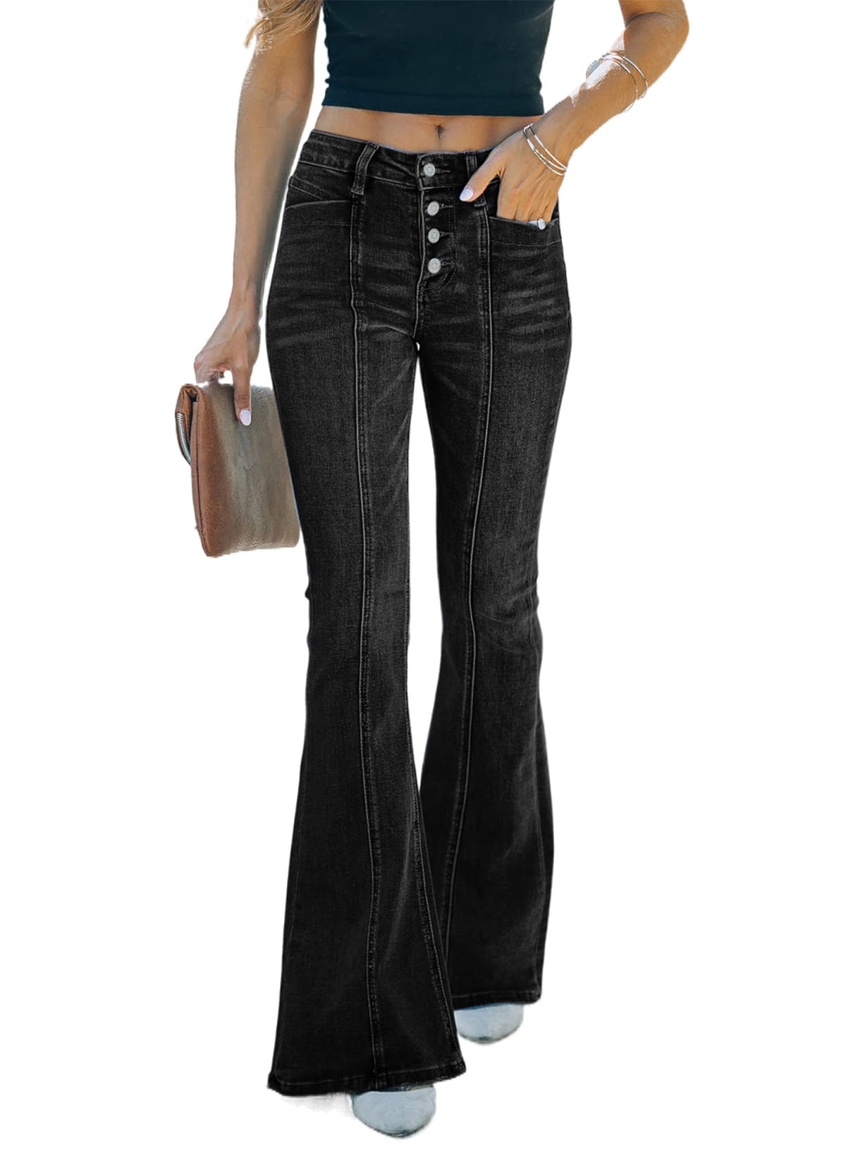 Chase Secret Womens Bell Bottom Jeans Black Stretchy Flare Jeans Denim Pants Petite