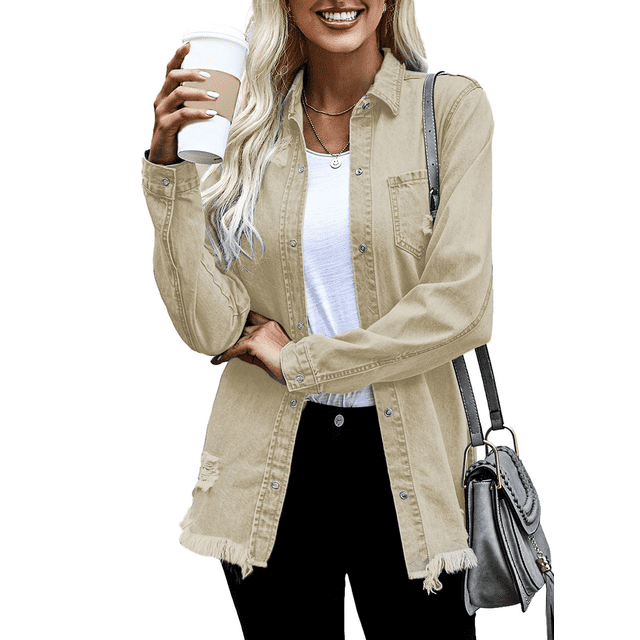 Chase Secret Womens Button Denim Jacket Distressed Ripped Long Sleeve ...