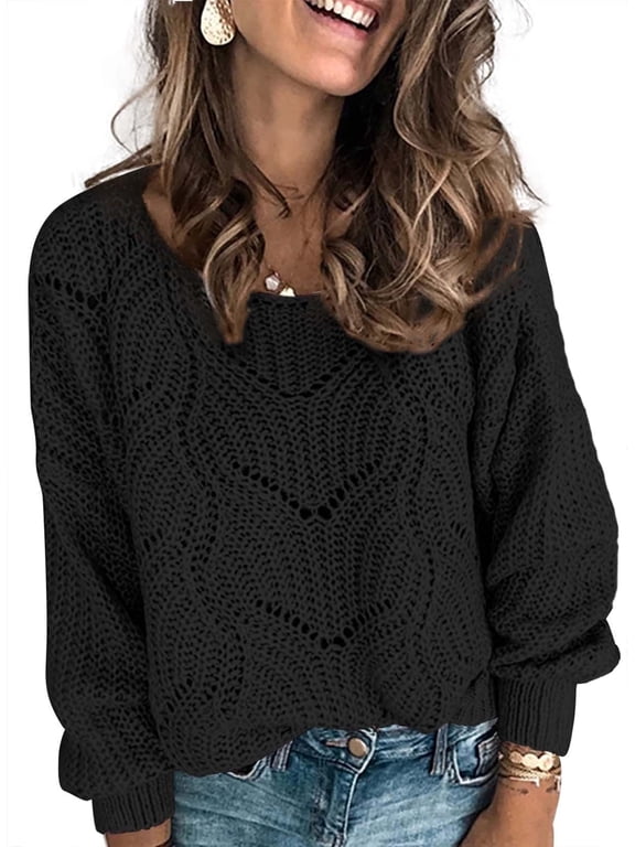 Womens Cable Knitted Sweater Crewneck Hollow Out Fall Pullovers Long Sleeve Jumper Tops Petite