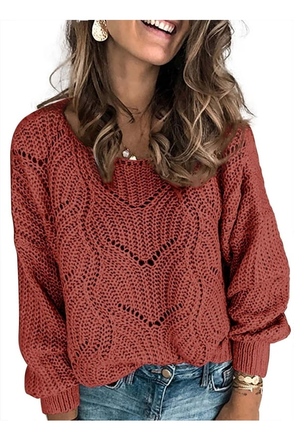 Womens Cable Knitted Sweater Crewneck Hollow Out Fall Pullovers Long Sleeve Jumper Tops Petite