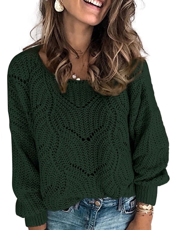 Womens Cable Knitted Sweater Crewneck Hollow Out Fall Pullovers Long Sleeve Jumper Tops Petite