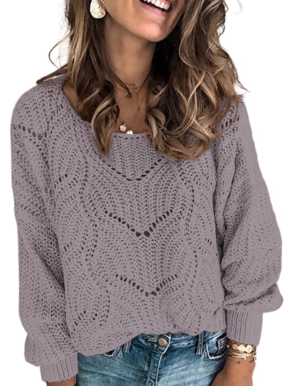 Womens Cable Knitted Sweater Crewneck Hollow Out Fall Pullovers Long Sleeve Jumper Tops Petite