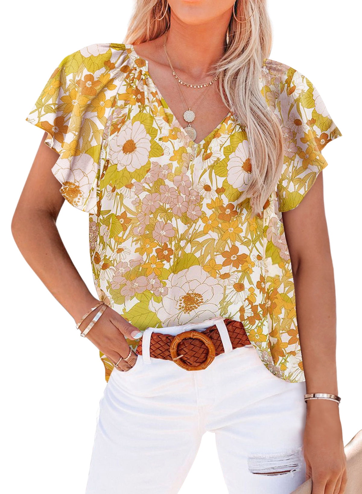 Chase Secret Womens Boho Tops Ruffle Short Sleeve Floral Printed Blouse Summer Loose V Neck Shirts Yellow