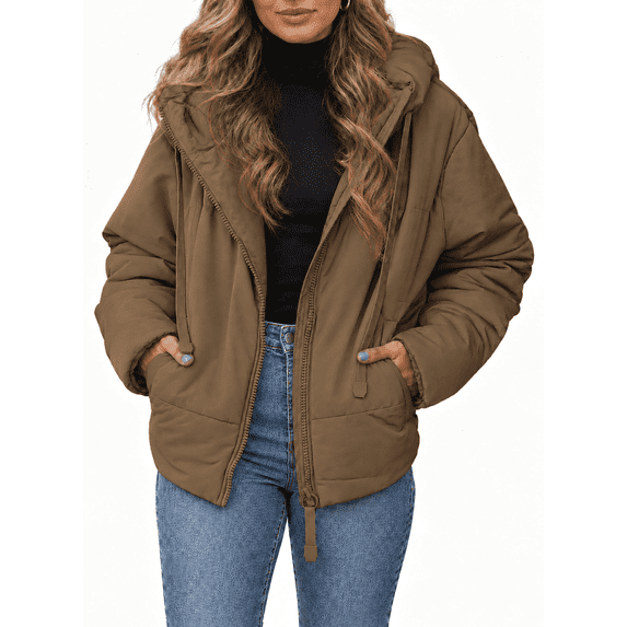 SHEWIN Full Zipper Puffer Jacket for Women Cropped Hooded Puffer Coat Winter Warm with Pockets Petite