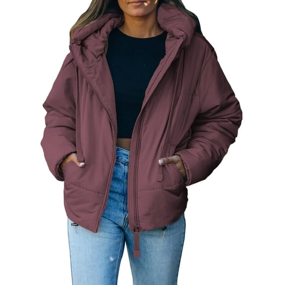 SHEWIN Hooded Puffer Jacket for Women with Full Zipper Drawstring Winter Cropped Coat with Pockets Petite