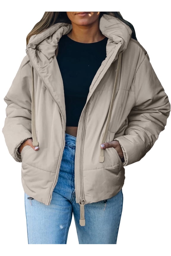 Womens Hooded Puffer Jacket Full Zipper Short Coat with Pockets Winter Warm Outerwear Petite