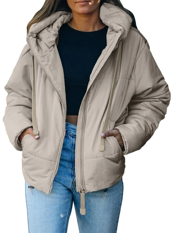 Womens Hooded Puffer Jacket Full Zipper Short Coat with Pockets Winter Warm Outerwear Petite
