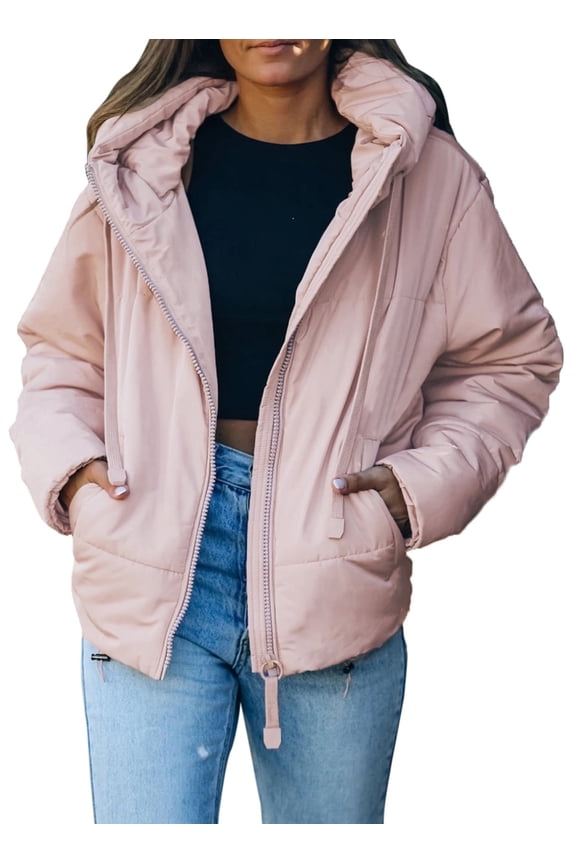 Full Zipper Puffer Jacket for Women Cropped Hooded Puffer Coat Winter Warm with Pockets Petite