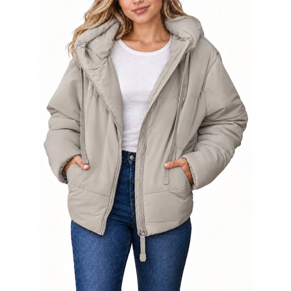 SHEWIN Womens Hooded Puffer Jacket Full Zipper Short Coat with Pockets Winter Warm Outerwear Petite