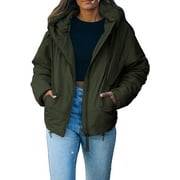 SHEWIN Hooded Puffer Jacket for Women with Full Zipper Drawstring Winter Cropped Coat with Pockets Petite