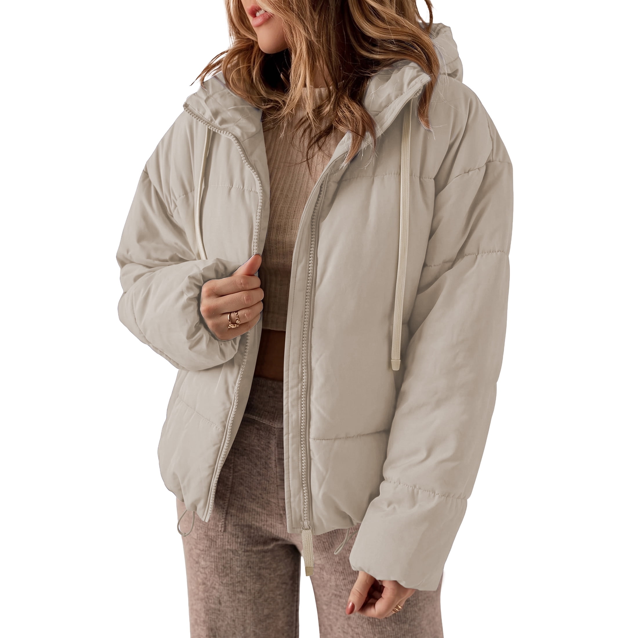 SHEWIN Womens Hooded Puffer Jacket Full Zipper Short Coat with Pockets Winter Warm Outerwear Petite