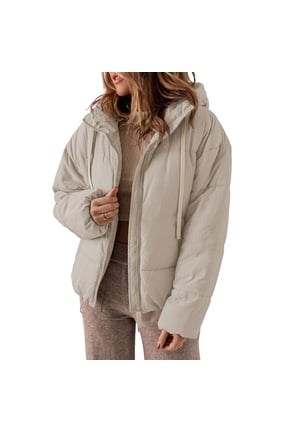 Womens Hooded Puffer Jacket Full Zipper Short Coat with Pockets Winter Warm Outerwear Petite