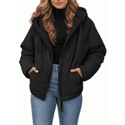 Women's Hooded Puffer Jacket Winter Warm Full Zip Up Oversized Short Quilted Coat with Pockets Petite