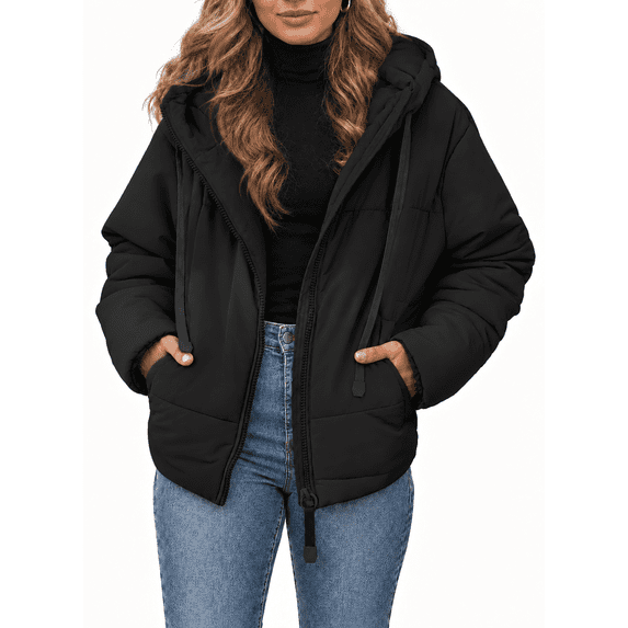 SHEWIN Women's Hooded Puffer Jacket Winter Warm Full Zip Up Oversized Short Quilted Coat with Pockets Petite