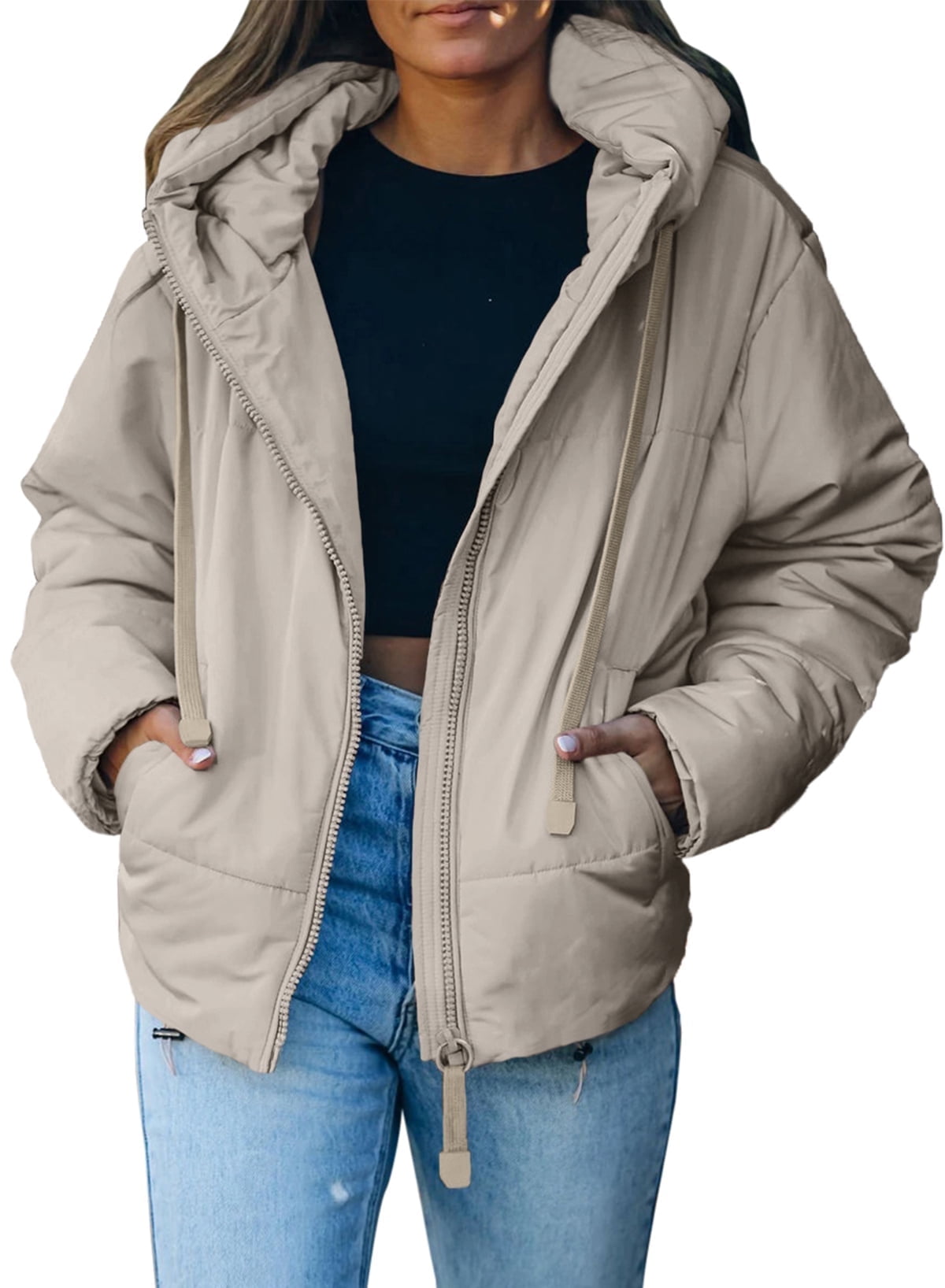 SHEWIN Women's Hooded Puffer Jacket Winter Warm Full Zip Up Oversized Short Quilted Coat with Pockets Petite