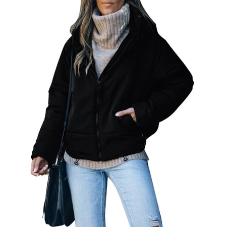 SHEWIN Women's Hooded Puffer Jacket Winter Warm Full Zip Up Oversized Short Quilted Coat with Pockets Petite
