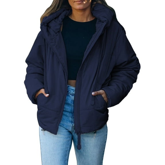 SHEWIN Women's Hooded Puffer Jacket Winter Warm Full Zip Up Oversized Short Quilted Coat with Pockets Petite