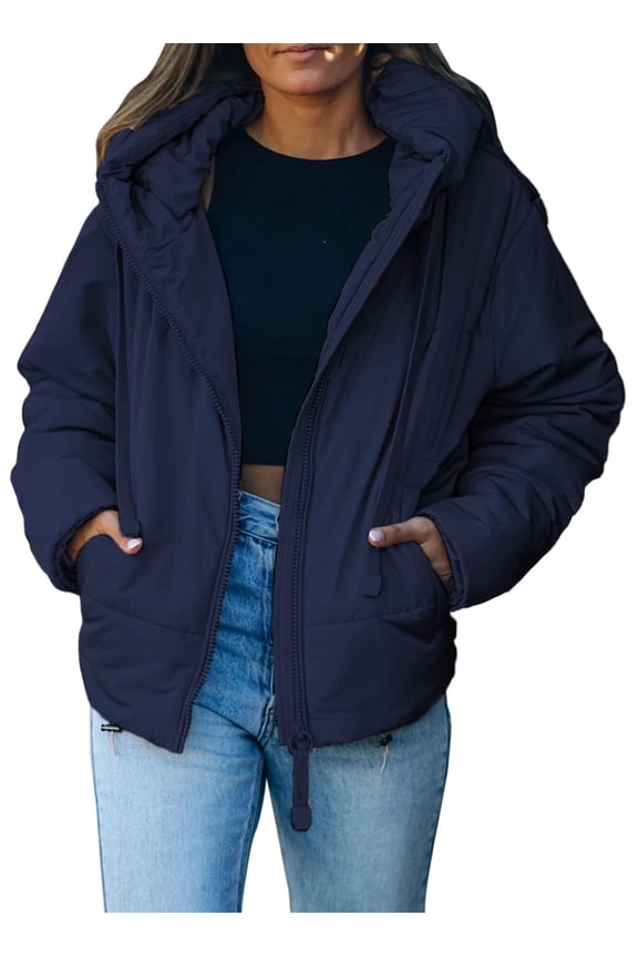 Women's Hooded Puffer Jacket Winter Warm Full Zip Up Oversized Short Quilted Coat with Pockets Petite