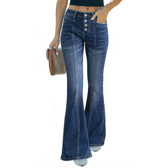 Chase Secret Womens Jeans High Waisted Stretchy Jeans Wide Leg Button Fly Bell Bottoms Flared Denim Pants Size 8