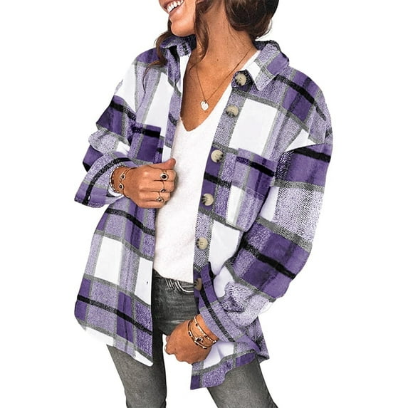 Chase Secret Womens Plaid Shirts Flannel Lapel Button Down Shacket Long Sleeve Jacket Coats