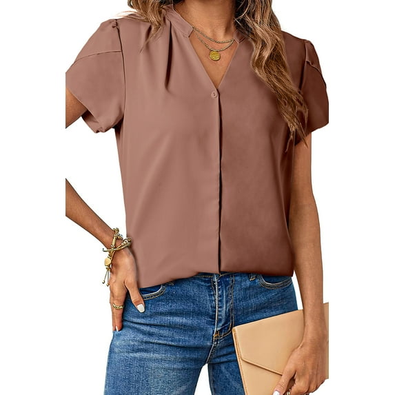 Chase Secret Womens Tops Notched V Neck Petal Short Sleeve Blouse Dressy Casual Shirts