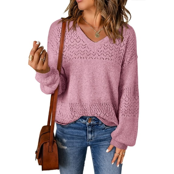 Chase Secret Womens Sweaters Casual Long Sleeve V Neck Lightweight Corchet Pullover Sweater Tops