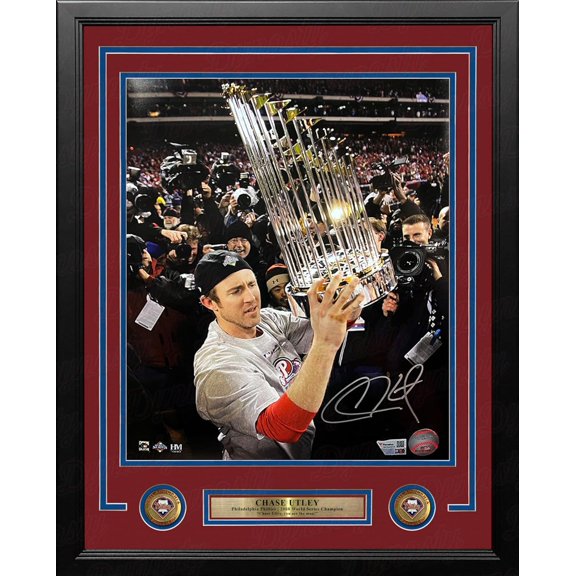 Chase Utley 2008 WS Trophy Philadelphia Phillies Autographed 11" x 14" Framed Baseball Photo - Fanatics Authenticated