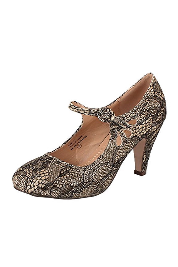 Chase and Chloe Kimmy-21 Gold Lace Mary Jane Rounded Toe Kitten Heeled Pumps (Gold Lace, 6)