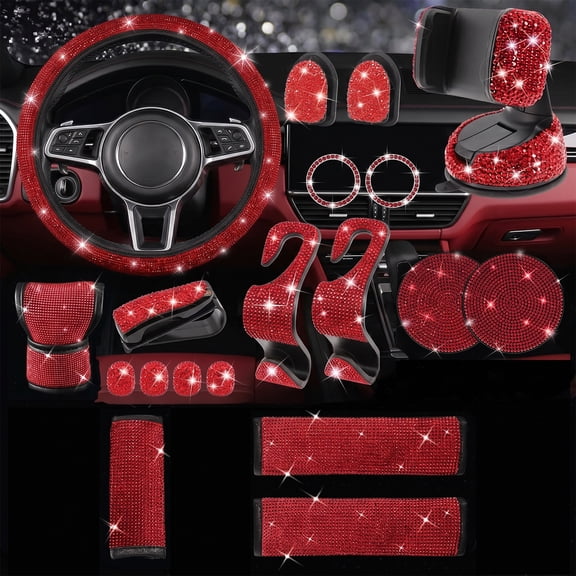 Chasenew 19 Pcs Bling Car Accessories Set for Women, Rhinestone Steering Wheel Cover, Gear Shift Cover, Start Button Rings, Cup Coasters, Valve Caps, Seat Hooks, Phone Holder, Car Interior Decor