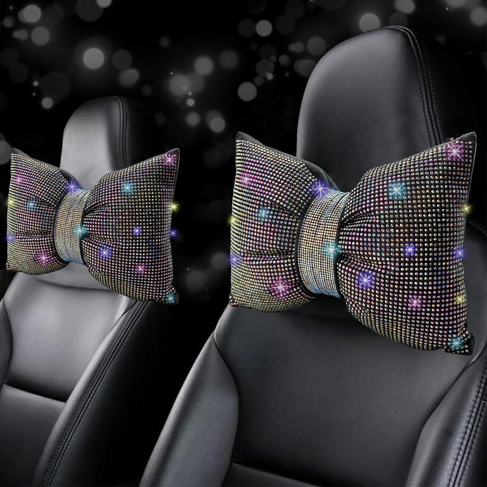 Chasenew 2 PCS Bling Bowknot Car Headrest Pillow, Rhinestone Car Neck Pillows for Driving, Bling Interior Accessories for Women Comfortable Neck Support Pillow(Silver Diamond)