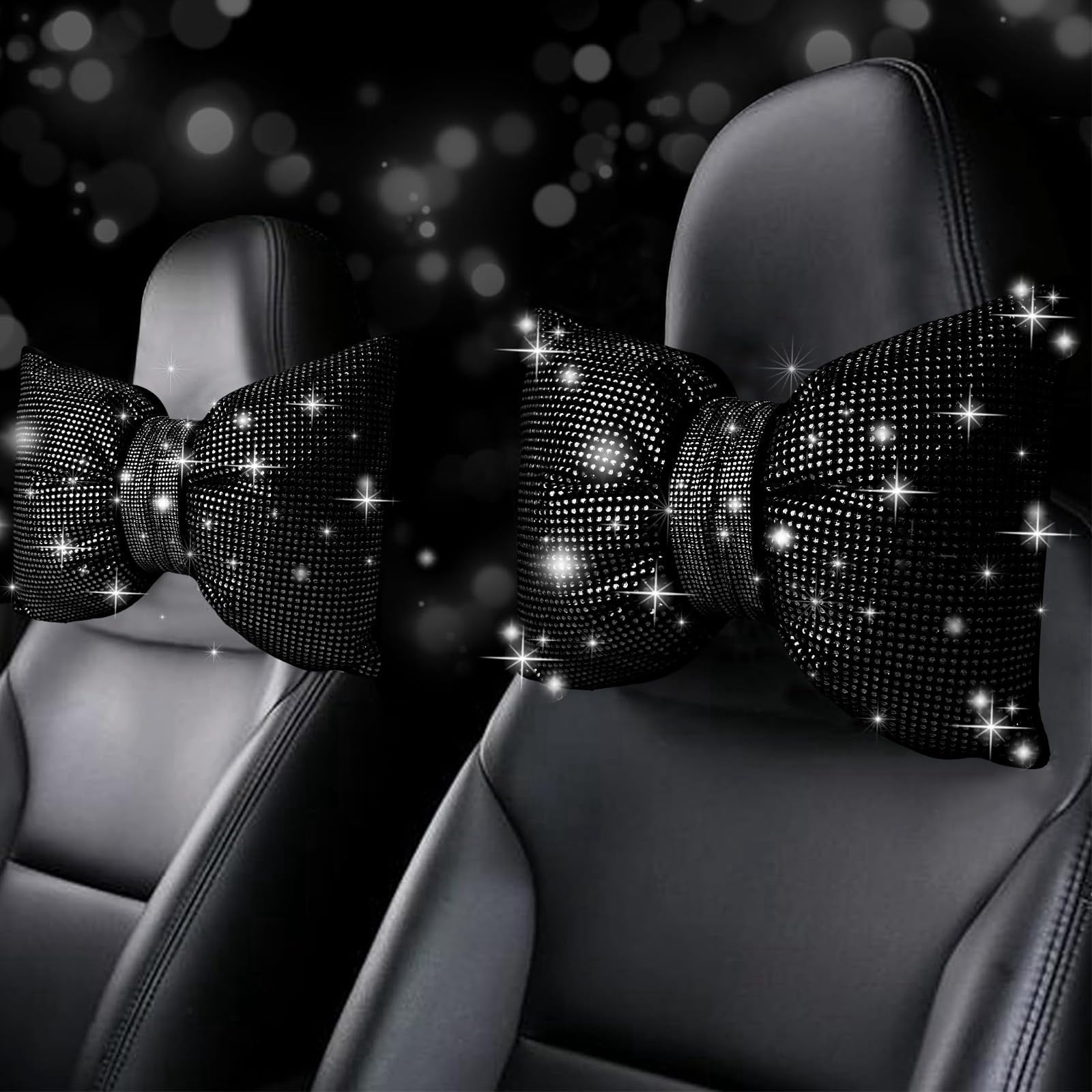 Chasenew 2 PCS Bling Bowknot Car Headrest Pillow, Rhinestone Car Neck Pillows for Driving, Bling Interior Accessories for Women Comfortable Neck Support Pillow(Black)
