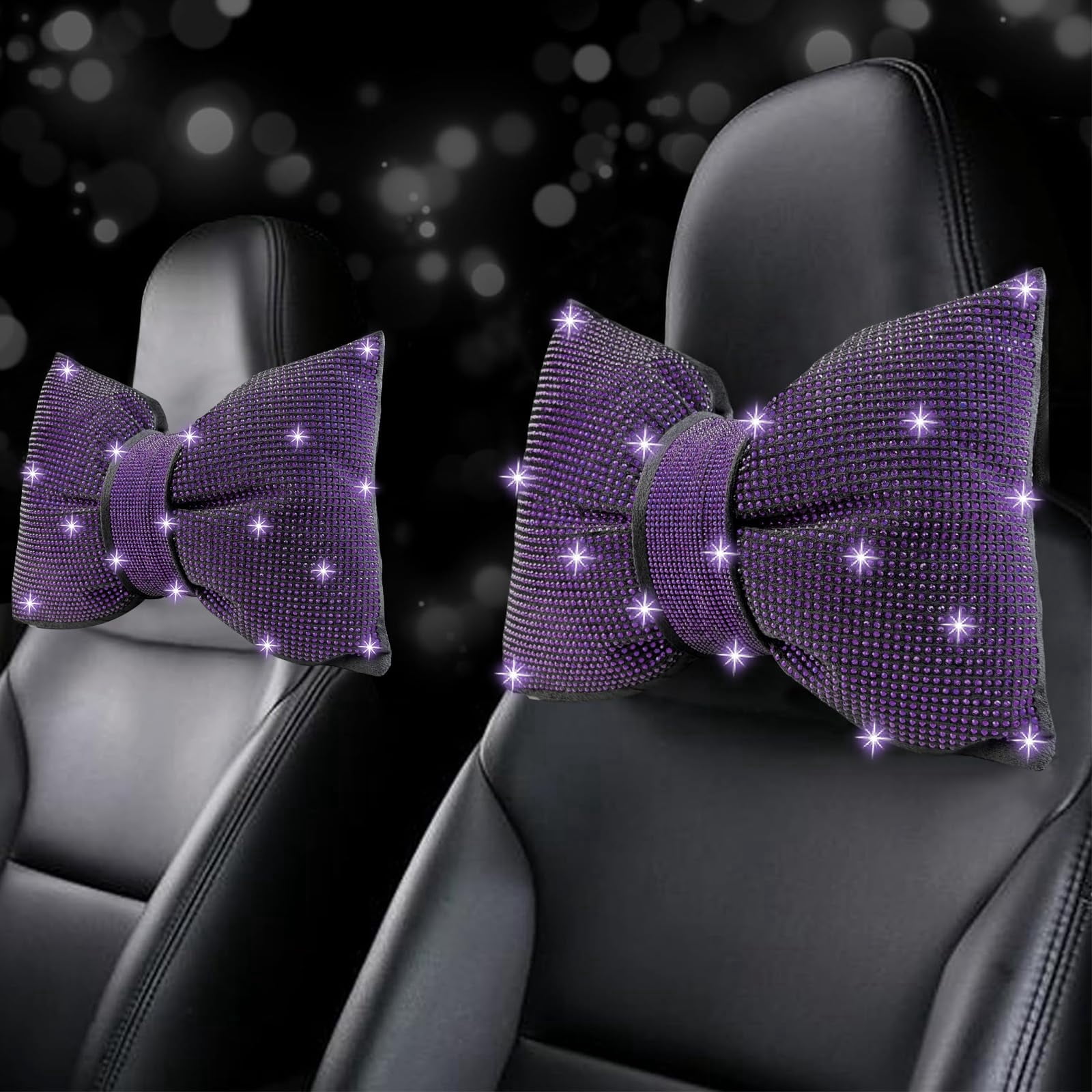 Chasenew 2 PCS Bling Bowknot Car Headrest Pillow, Rhinestone Car Neck Pillows for Driving, Bling Interior Accessories for Women Comfortable Neck Support Pillow(Purple)